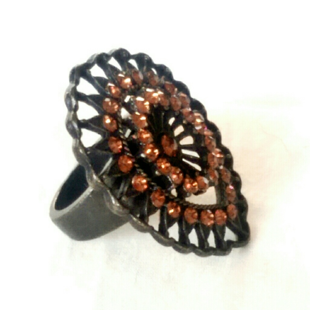 Vintage Oversized Amber Crystal Brass Ring